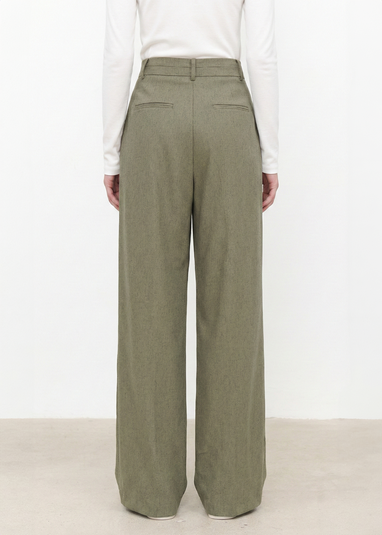 Linen Blend Pleated Trousers in Olive Green