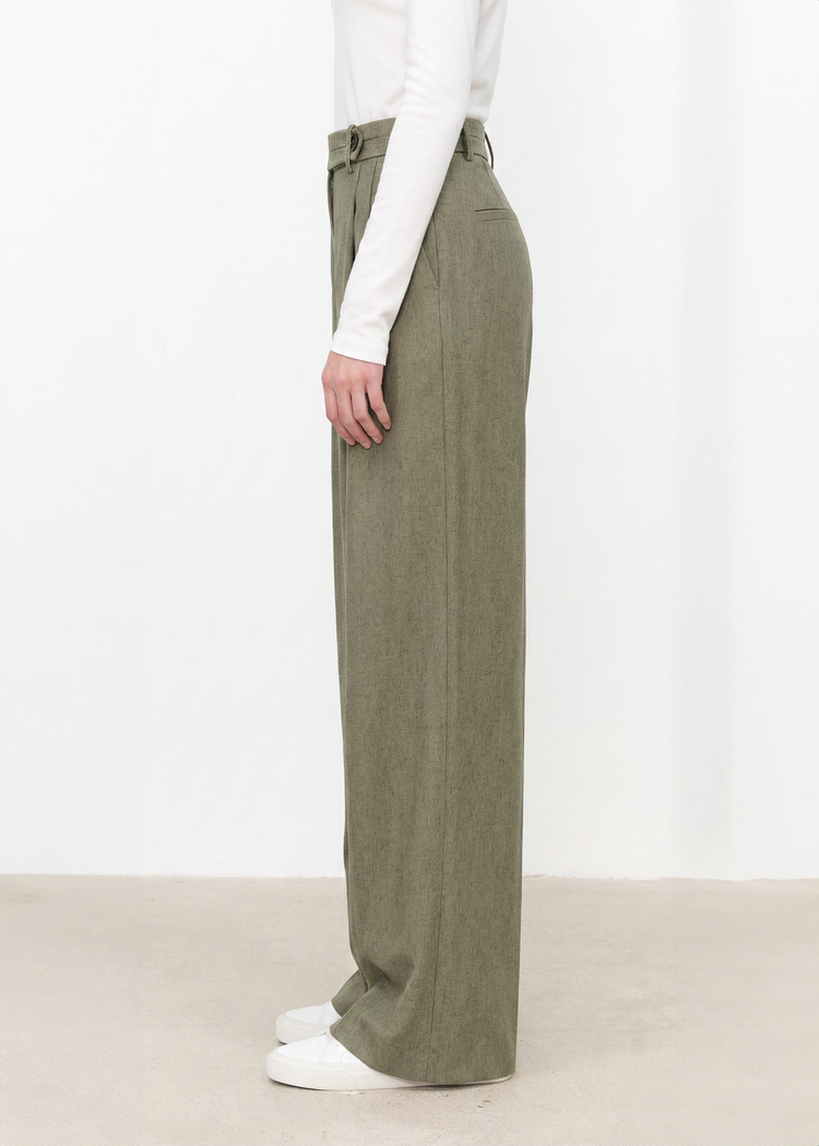 Linen Blend Pleated Trousers in Olive Green