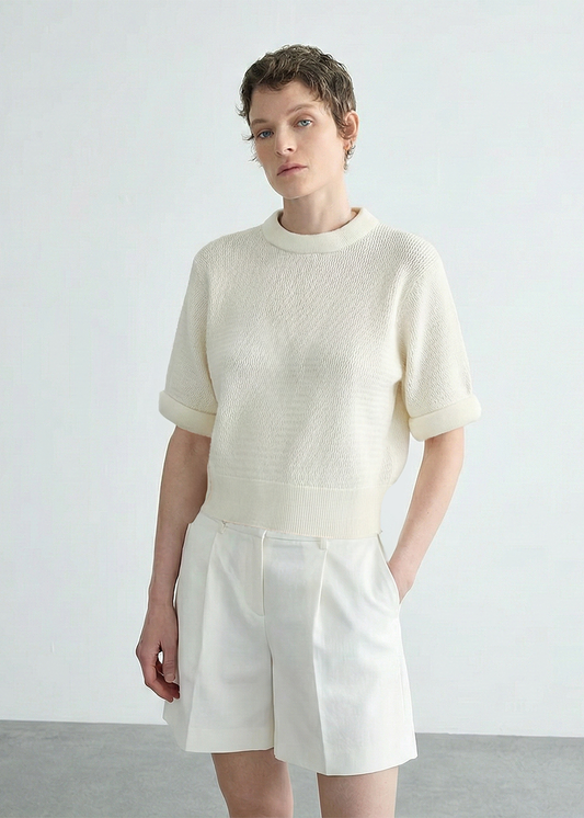 Cotton Knitted Tee with 3D Neck in White