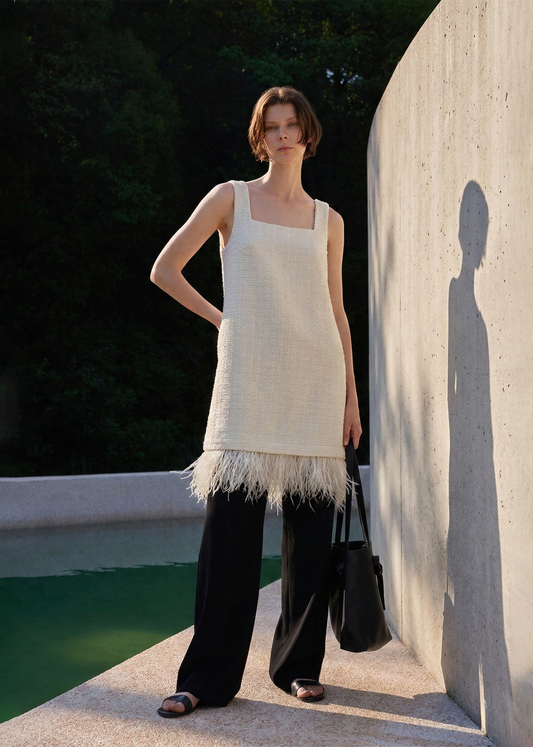 Removable Feather Fringe Tweed Mini Dress
