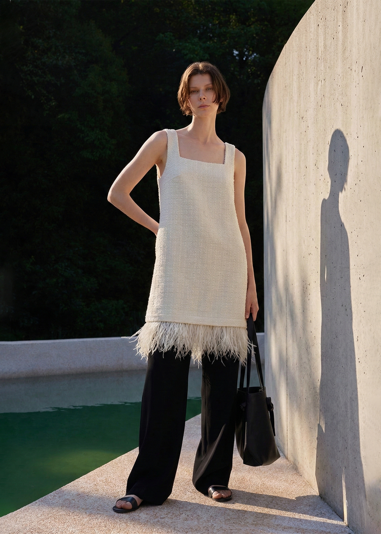 Removable Feather Fringe Tweed Mini Dress