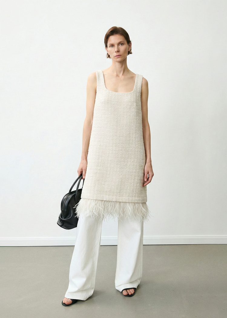 Removable Feather Fringe Tweed Mini Dress