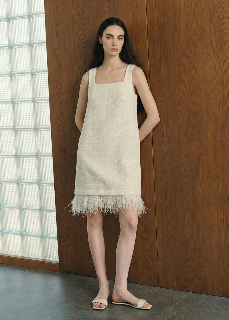Removable Feather Fringe Tweed Mini Dress