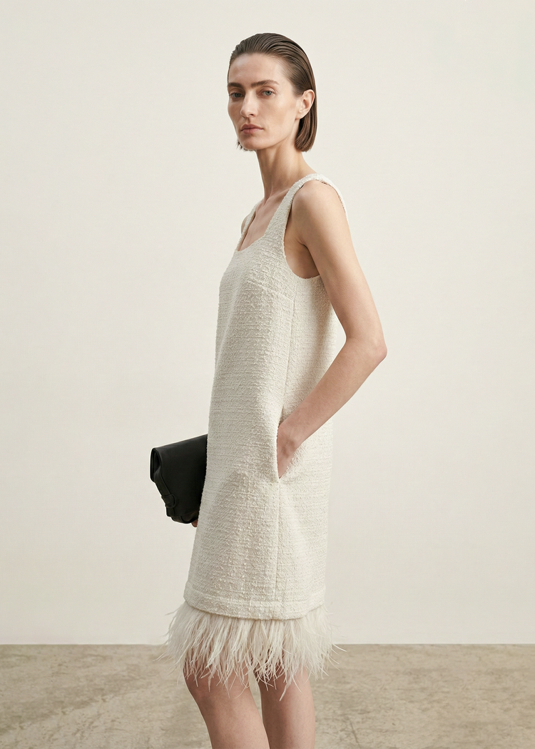 Removable Feather Fringe Tweed Mini Dress