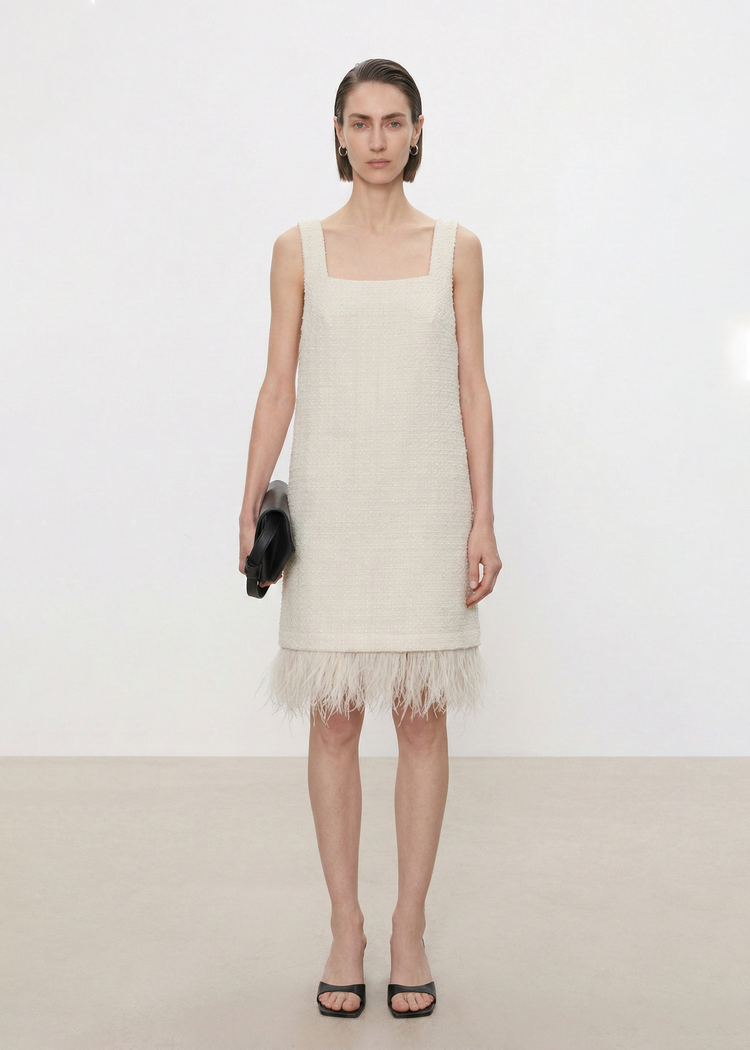 Removable Feather Fringe Tweed Mini Dress