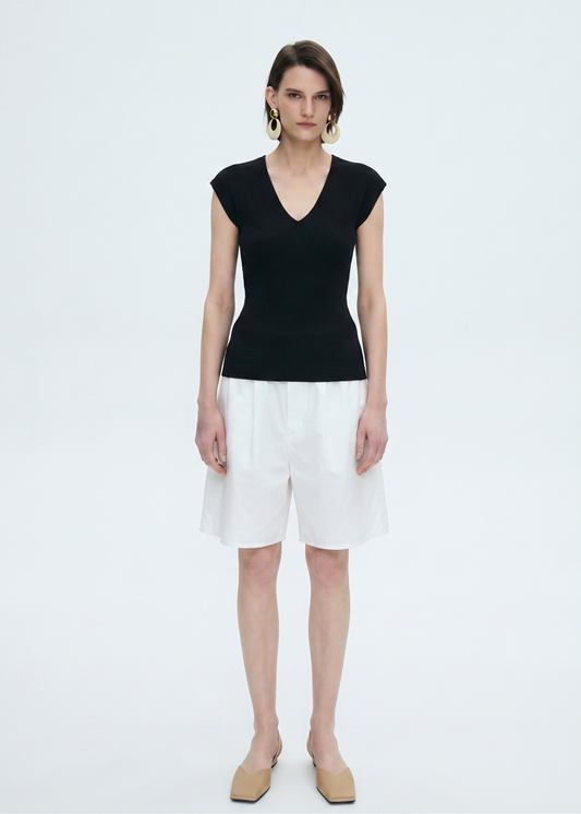 Wool Blend Knitted Rib Top in Black