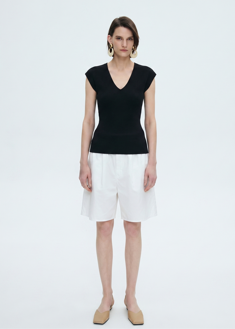 Wool Blend Knitted Rib Top in Black