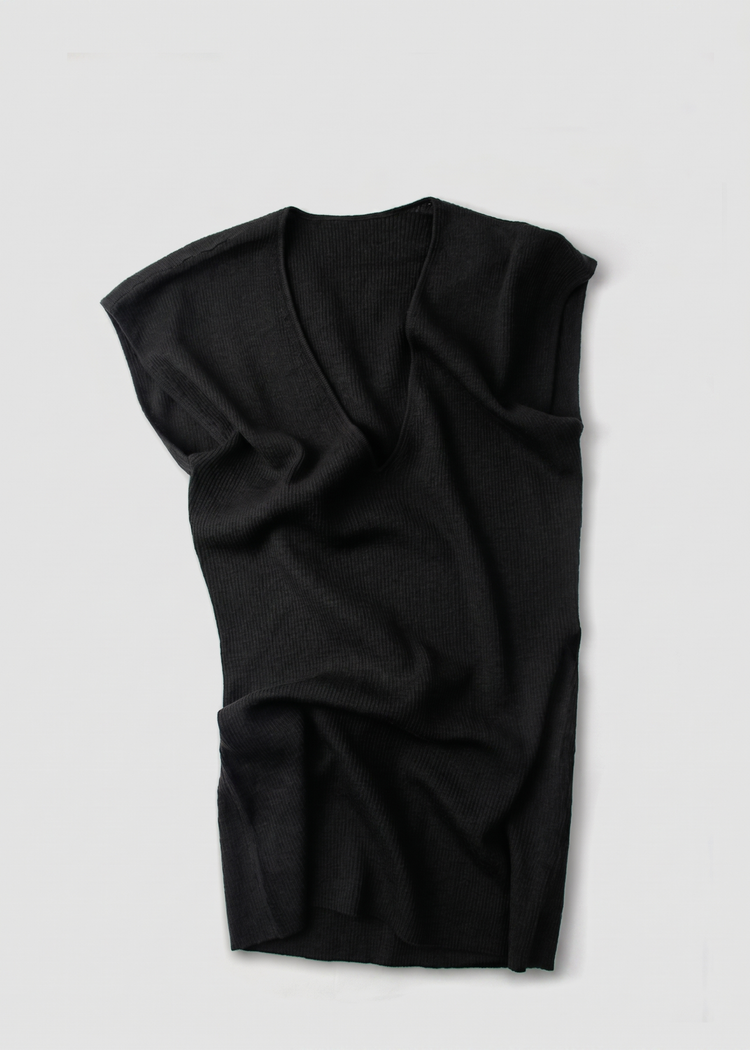 Wool Blend Knitted Rib Top in Black