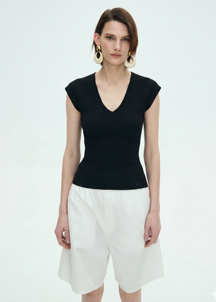 Wool Blend Knitted Rib Top in Black