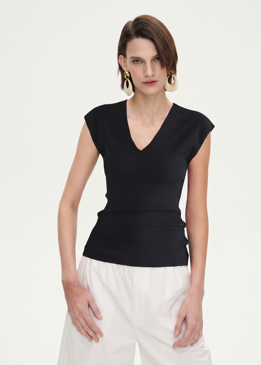 Wool Blend Knitted Rib Top in Black