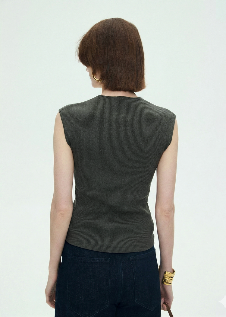 Wool Blend Knitted Rib Top in Dark Grey