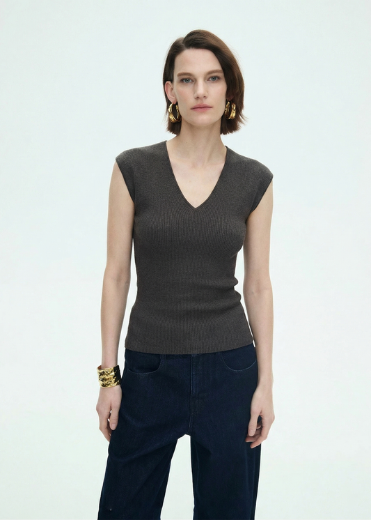 Wool Blend Knitted Rib Top in Dark Grey