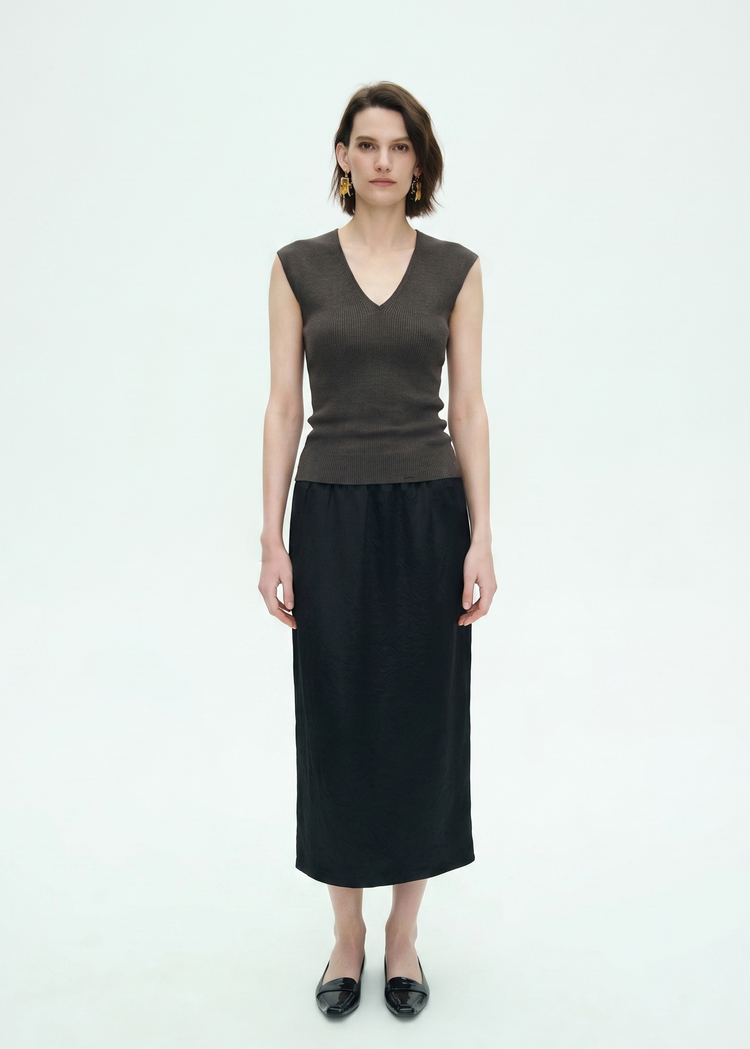 Wool Blend Knitted Rib Top in Dark Grey