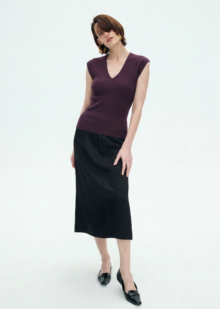Wool Blend Knitted Rib Top in Purple