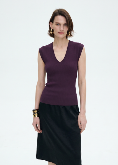 Wool Blend Knitted Rib Top in Purple