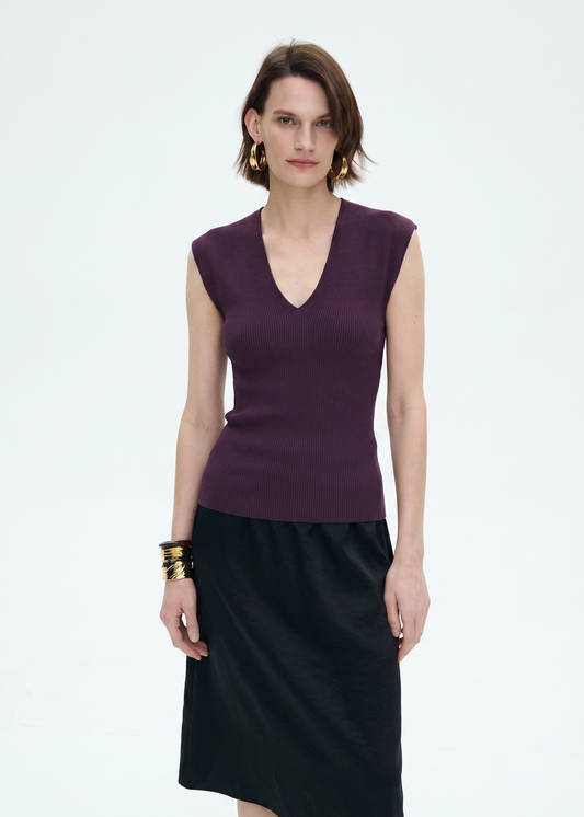 Wool Blend Knitted Rib Top in Purple