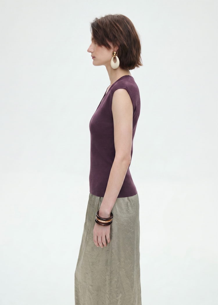 Wool Blend Knitted Rib Top in Purple