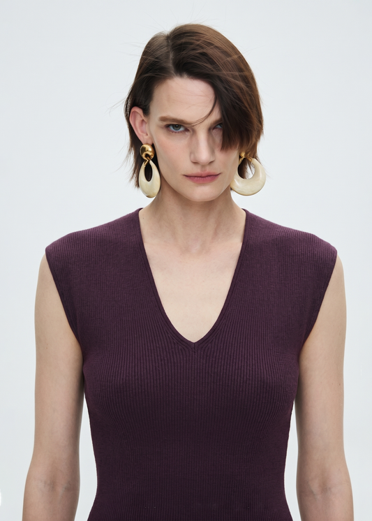 Wool Blend Knitted Rib Top in Purple