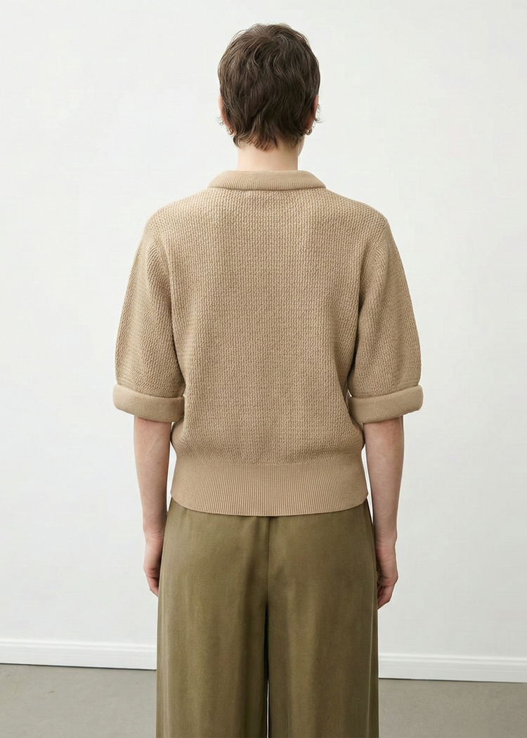 Cotton Knitted Tee with 3D Neck in Khaki