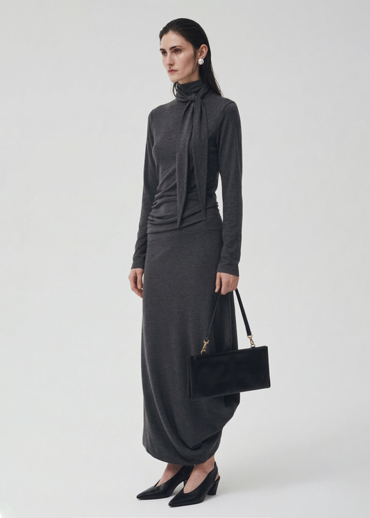 Draped Tie Collar Jersey Maxi Dress Grey
