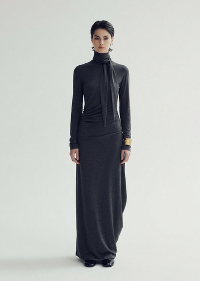 Draped Tie Collar Jersey Maxi Dress Grey