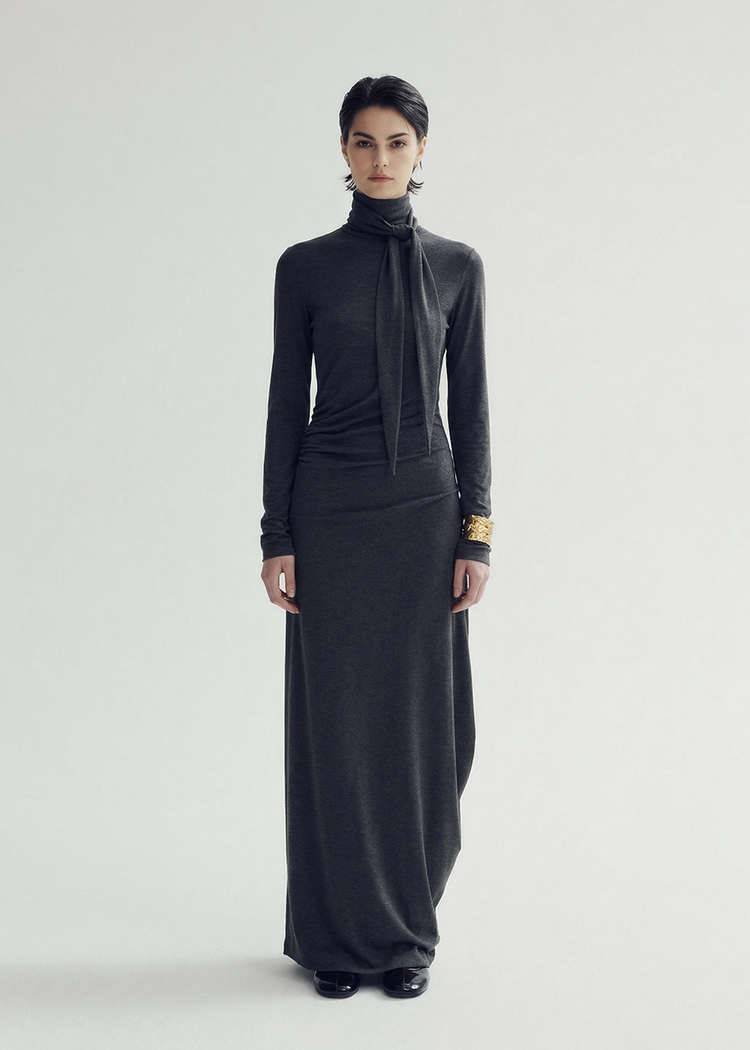 Draped Tie Collar Jersey Maxi Dress Grey