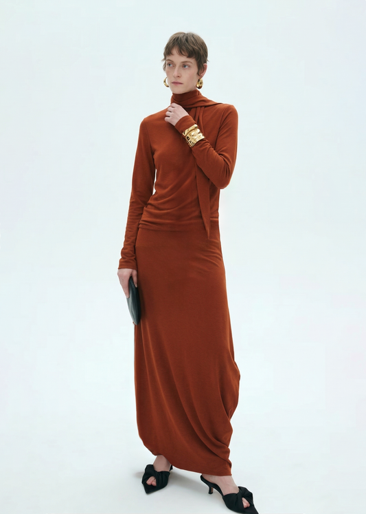 Draped Tie Collar Jersey Maxi Dress