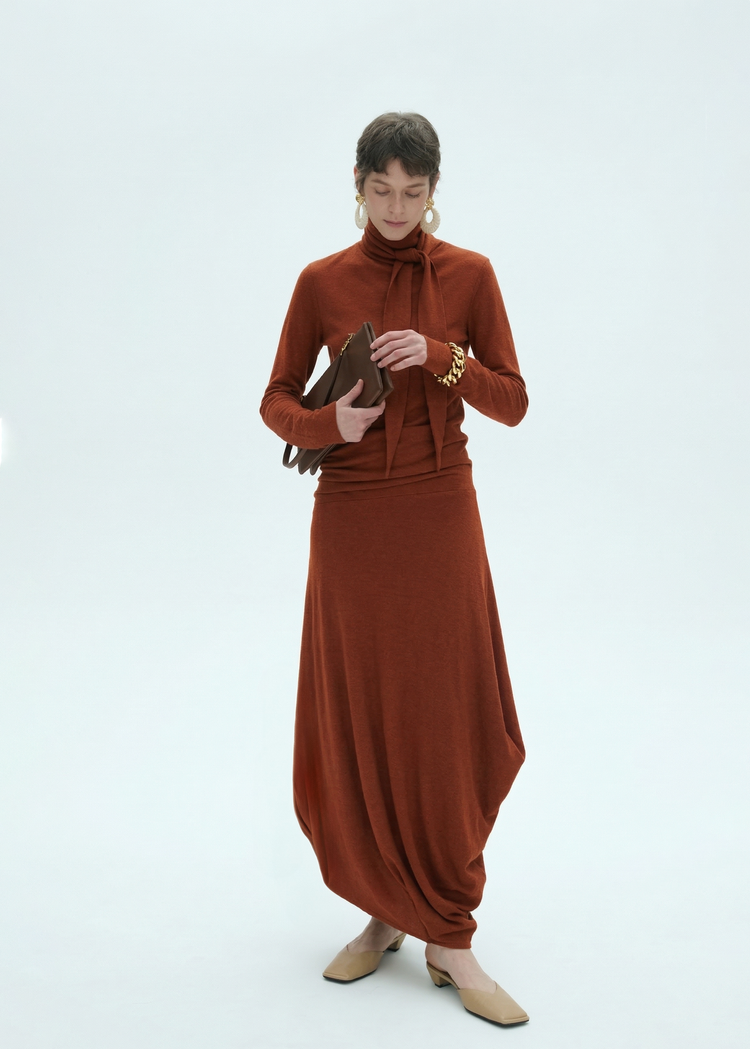Draped Tie Collar Jersey Maxi Dress
