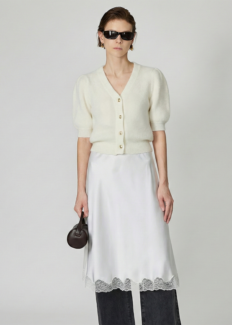Mohair Blend Hand-Knitted Short Sleeve Top in White