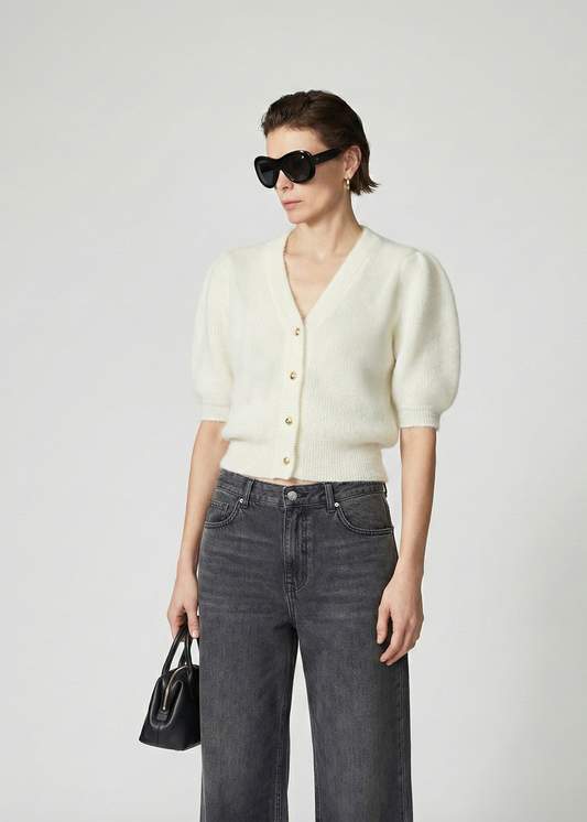 Mohair Blend Hand-Knitted Short Sleeve Top in White