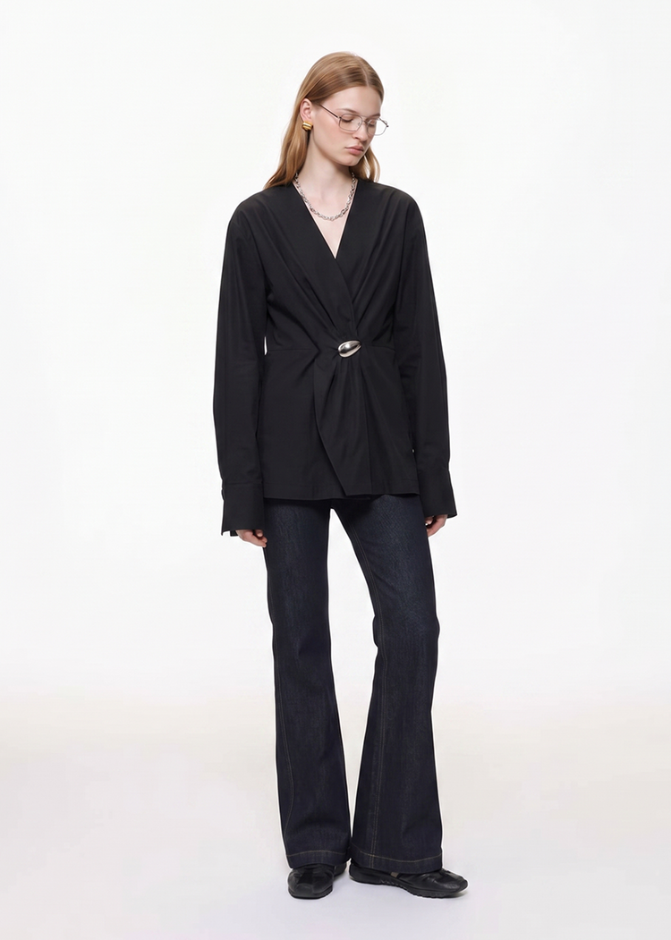 Sculpted Wrap Blouse-Black
