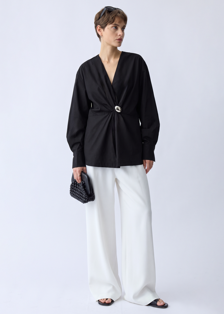 Sculpted Wrap Blouse-Black