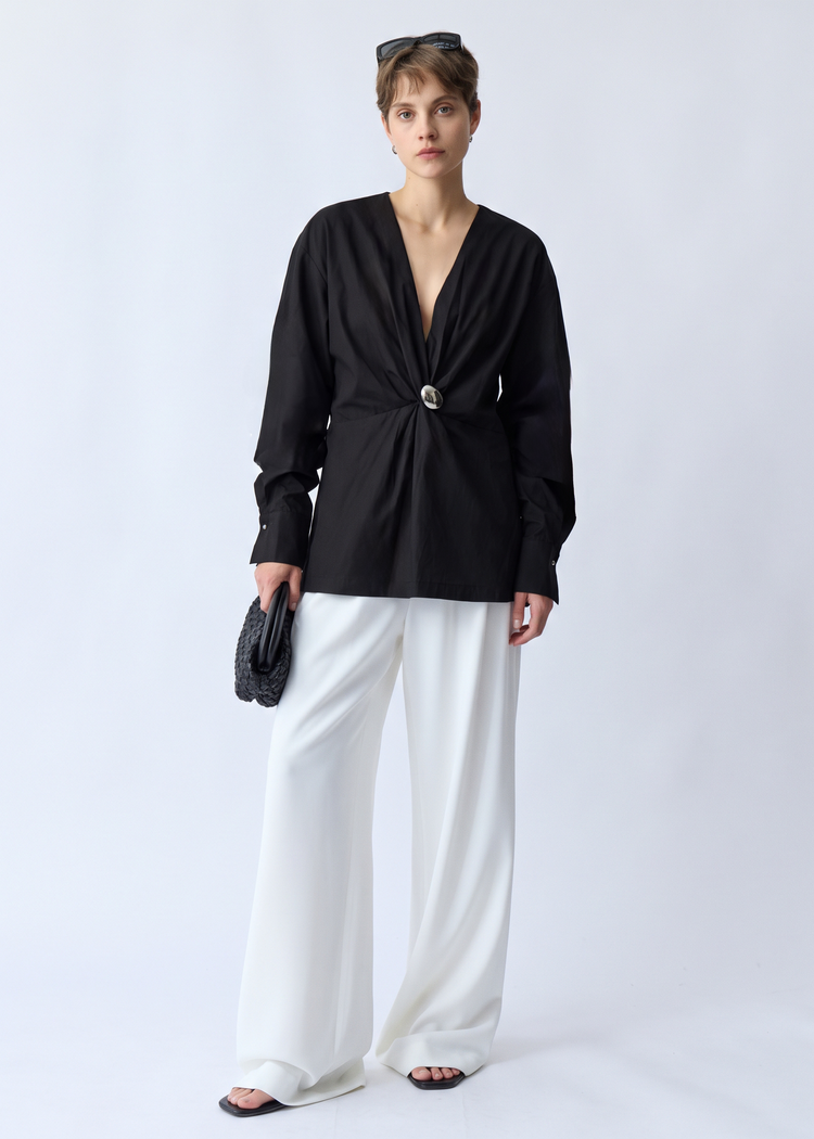 Sculpted Wrap Blouse-Black