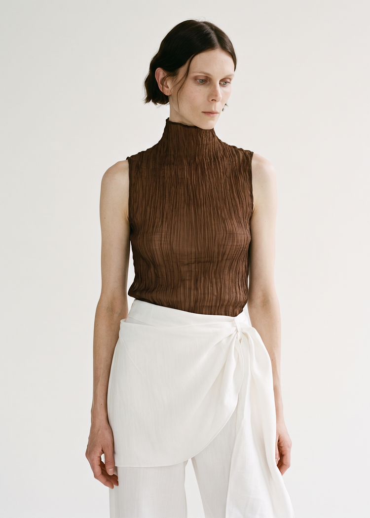 Crinkled Sheer High-Neck Top