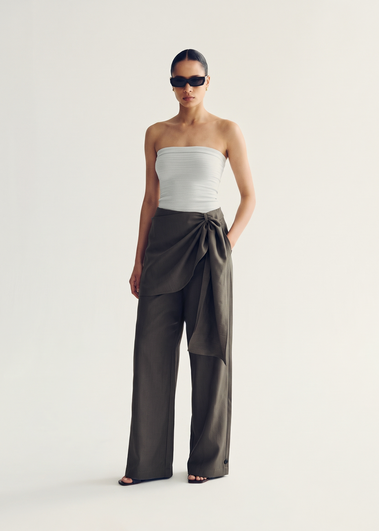 Scarf-Detail Wide-Leg Trousers - Sage Grey