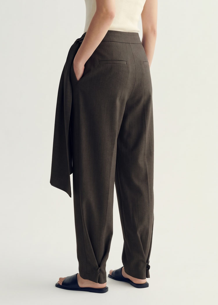 Scarf-Detail Wide-Leg Trousers - Sage Grey