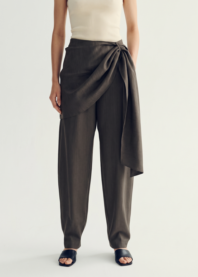 Scarf-Detail Wide-Leg Trousers - Sage Grey