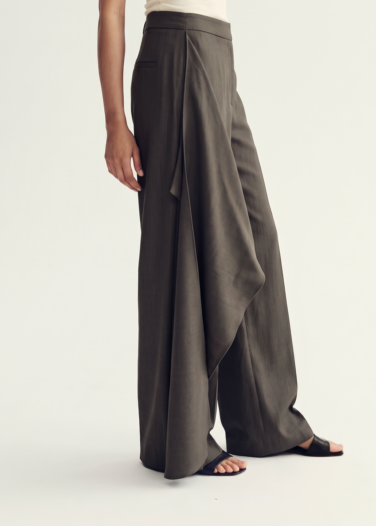 Scarf-Detail Wide-Leg Trousers - Sage Grey