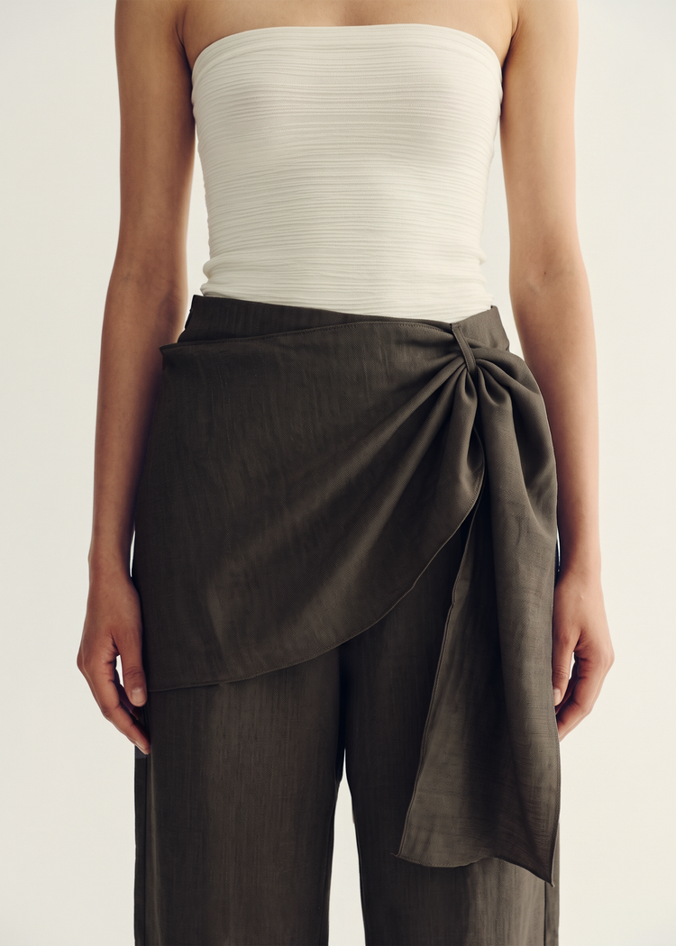 Scarf-Detail Wide-Leg Trousers - Sage Grey