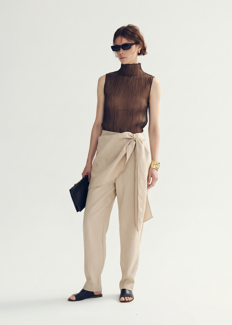Scarf-Detail Wide-Leg Trousers - Oatmeal