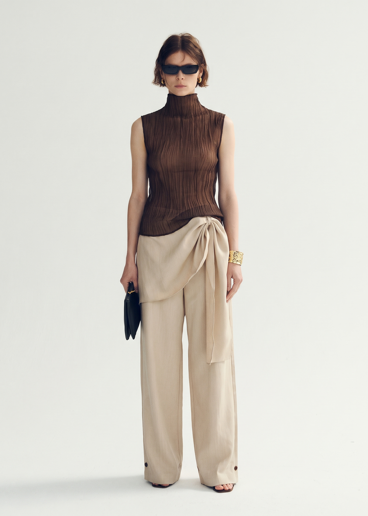 Scarf-Detail Wide-Leg Trousers - Oatmeal