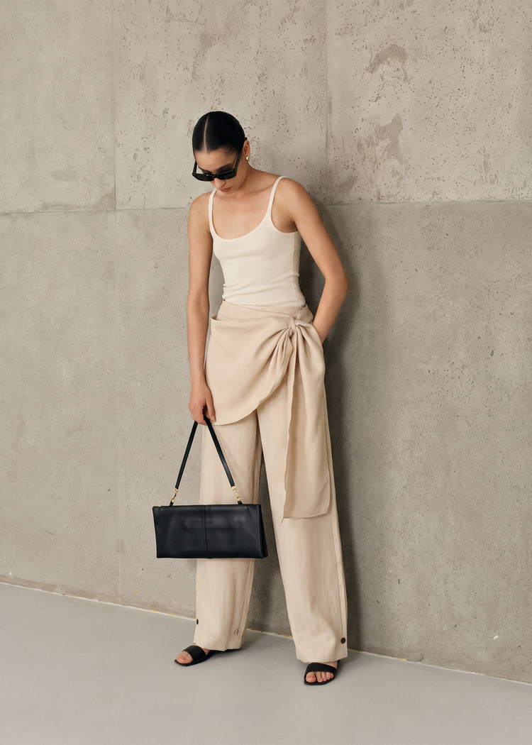 Scarf-Detail Wide-Leg Trousers - Oatmeal