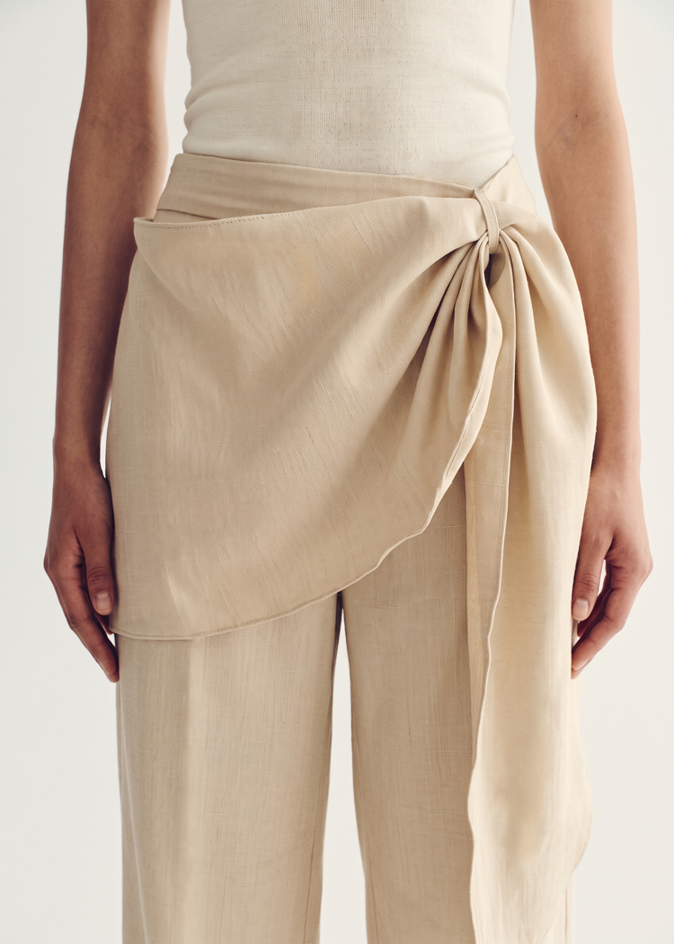 Scarf-Detail Wide-Leg Trousers - Oatmeal