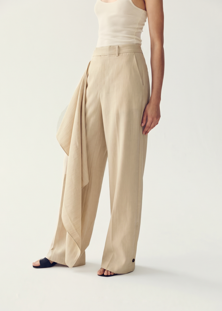 Scarf-Detail Wide-Leg Trousers - Oatmeal