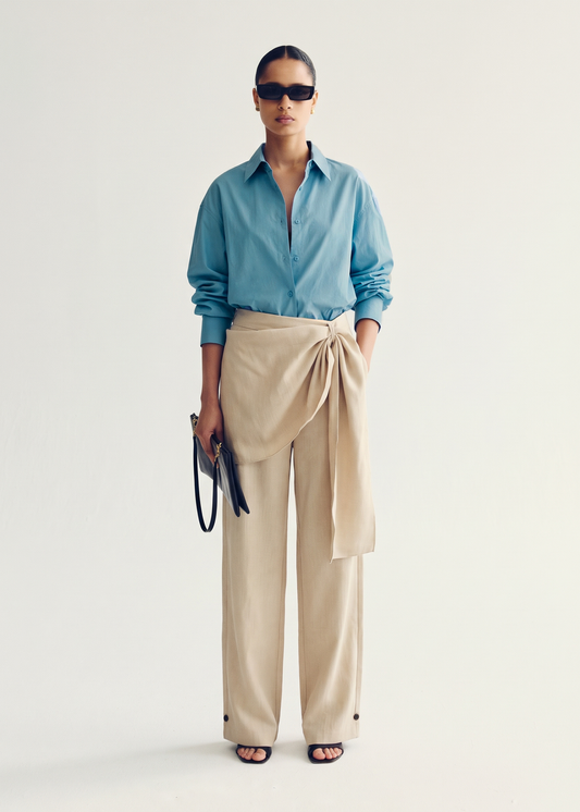 Scarf-Detail Wide-Leg Trousers - Oatmeal