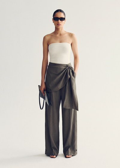 Scarf-Detail Wide-Leg Trousers - Sage Grey