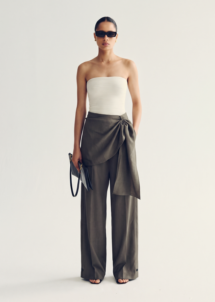 Scarf-Detail Wide-Leg Trousers - Sage Grey