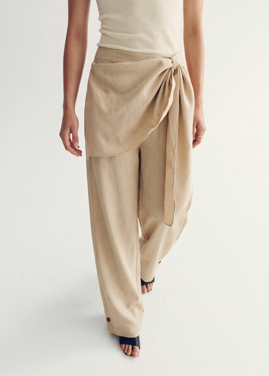 Scarf-Detail Wide-Leg Trousers - Oatmeal