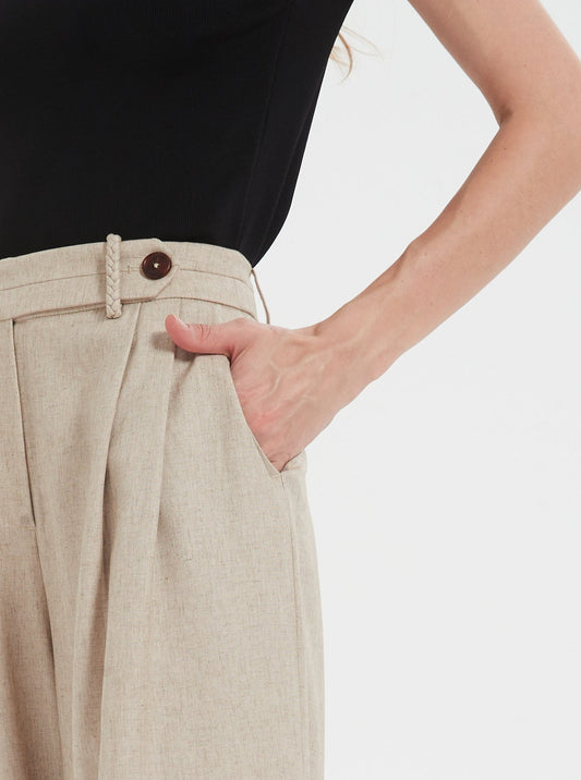 Linen Blend Pleated Trousers in Beige