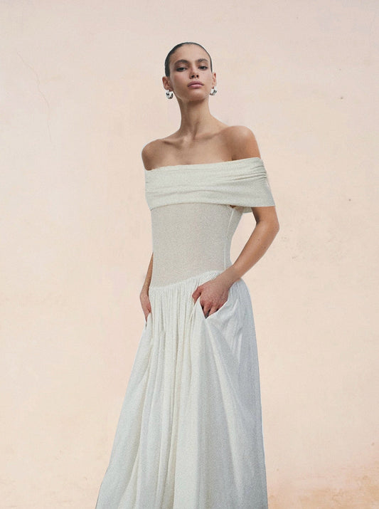 Wool Lyocell Blend Off-Shoulder Maxi Dress